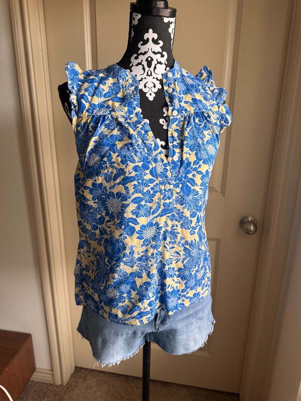 J. Crew Blue and Yellow Floral Ruffle Cap Sleeve Popover Blouse